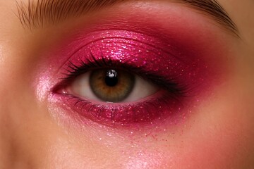 Close up of woman eye makeup in pink colors