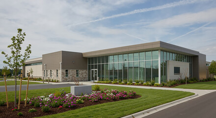 Modern glass office building with large windows reflecting blue sky clouds contemporary architecture. Corporate business headquarters professional workplace environment. Commercial real estate banner