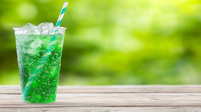 Bright green diabolo menthe drink with ice and striped straw on garden table, soft afternoon light, vintage summer atmosphere, space on top for copy