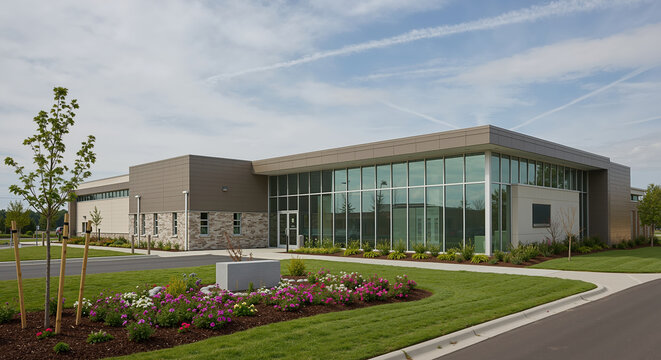 Modern glass office building with large windows reflecting blue sky clouds contemporary architecture. Corporate business headquarters professional workplace environment. Commercial real estate banner