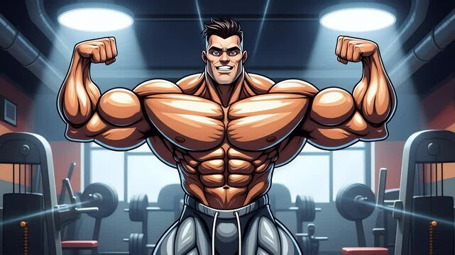 Cartoon bodybuilder showing off muscles in vibrant animated gym, perfect for fitness ads and fun content