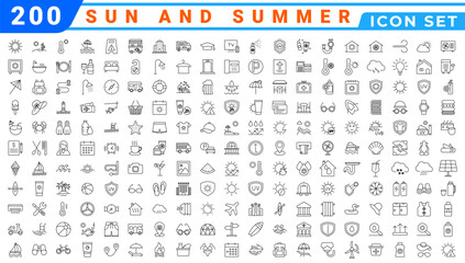 Summer Vacation icon set. Holiday related icons: travel, beach, surfing, hotel, tourism, landscape, camera, passport, ice cream and more. Editable line icons. Vector illustration.