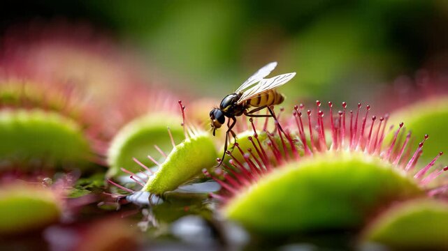 Venus flytrap with vibrant green and red leaves captures wasp lush nature, showcasing macro closeup of carnivorous plant and insect interaction, detailed leaf textures, dew drops, and natural outdoor