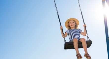 Happy blonde girl striped hat swinging playground equipment outdoor summer activities. Child enjoying recreation park setting youth lifestyle. Childhood development concept banner