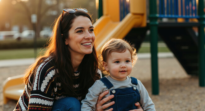 Happy caucasian mother holding toddler son playground background smiling joyfully together. Family bonding outdoor recreation activities parenting concept. Maternal love relationship banner
