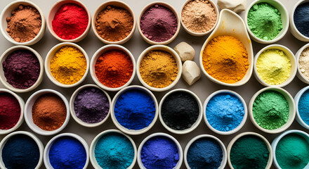 Colorful powdered pigments in small bowls