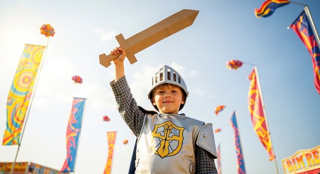 Young boy knight costume armor helmet holding wooden sword raised triumphantly. Child wearing medieval warrior character outfit fantasy themed celebration. Adventure entertainment concept banner