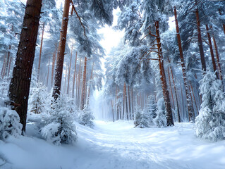 Serene Pine Forest Blanketed in Fresh Winter Snow