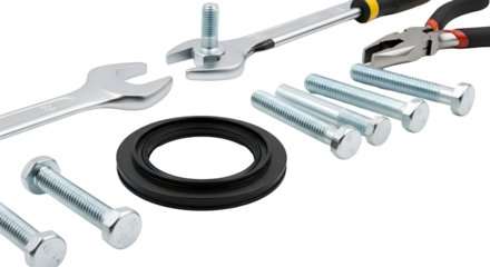 Tools and Fasteners Arrange on Transparent Background in Studio Lighting for Repair Work