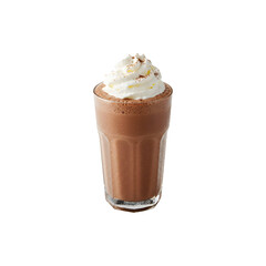 Cold chocolate drink topped with whipped cream in a tall glass, perfect dessert beverage.