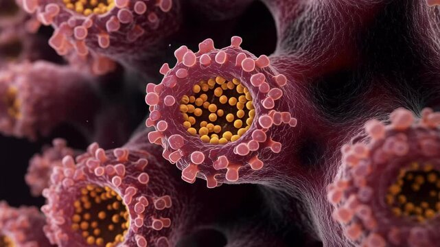 Microscopic view of mpox monkeypox virus highlighting cellular structure and viral components, Vertical microscopic video of mpox monkeypox virus Zoom in
