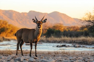 Fototapeta premium Waterbuck standing on riverbed at sunset in southern Africa, Waterbuck on Riverbed in Nature Landscape in South Africa