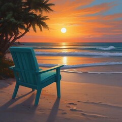 Art illustration: evening seascape with a deck chair on the shore
