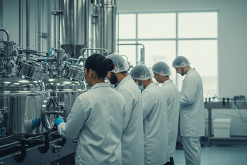 Factory workers wearing safety gear operate equipment in industrial facility, representing teamwork, production, and professional manufacturing processes.