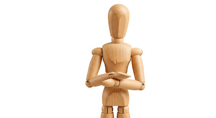 The wooden artist mannequin stands confidently with arms crossed, perfect for art reference.