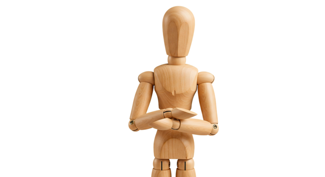 The wooden artist mannequin stands confidently with arms crossed, perfect for art reference.