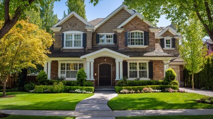Elegant suburban home with brick and siding textures, manicured lawn and pathway lighting, bathed in golden sunlight - timeless charm and modern co
