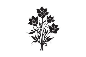 Elegant black silhouette of alstroemeria flowers and leaves on white background