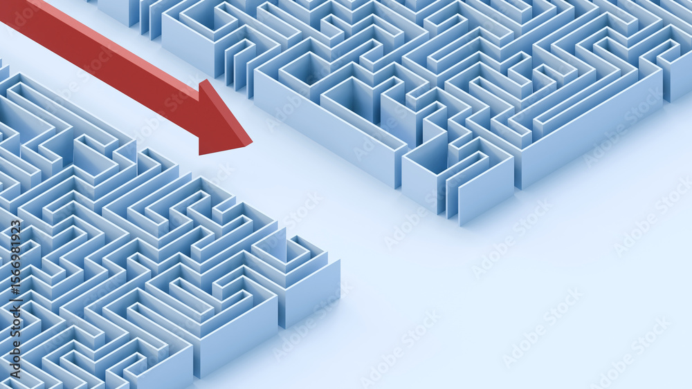 Poster Business problems and solution concept. Labyrinth concept. Maze side view structure. Perspective view of an 3d rendered maze. Labyrinth with red arrow.