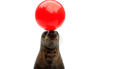 A charming seal balances a red ball on its nose, showcasing impressive agility.