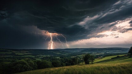Dramatic Thunderstorm Over Rolling Hills with Flashing Lightning