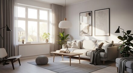 A bright and airy living room with sunlight streaming through a window.