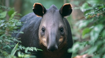 Tapir in lush forest close up