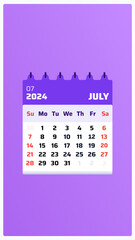 July 2024 calendar. Purple calendar story. 2024 Weekend sunday and saturday style. Monthly planner. Calendar date layout july 2024. Vector illustration