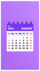 August 2024 calendar. Purple calendar story. 2024 Weekend set sunday and saturday. Page layout. Date format for august 2024 calendar. Vector illustration