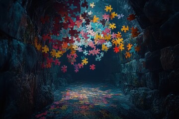 Colorful floating puzzle pieces create intrigue in dark, spooky cave setting, Colorful puzzle in dark, spooky cave wide shot