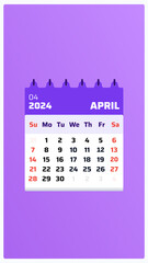 April 2024 calendar. Purple calendar story. 2024 Weekend starts sunday and saturday. Clean design. Date of april 2024 calendar page. Vector illustration