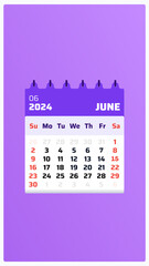 June 2024 calendar. Purple calendar story. 2024 Weekend follows sunday and saturday. Design format. Date layout for june calendar 2024. Vector illustration.