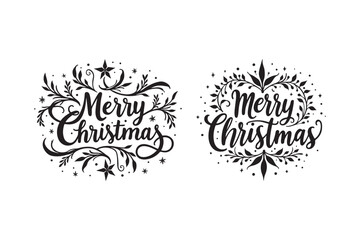Elegant black merry christmas calligraphy with floral ornaments and stars