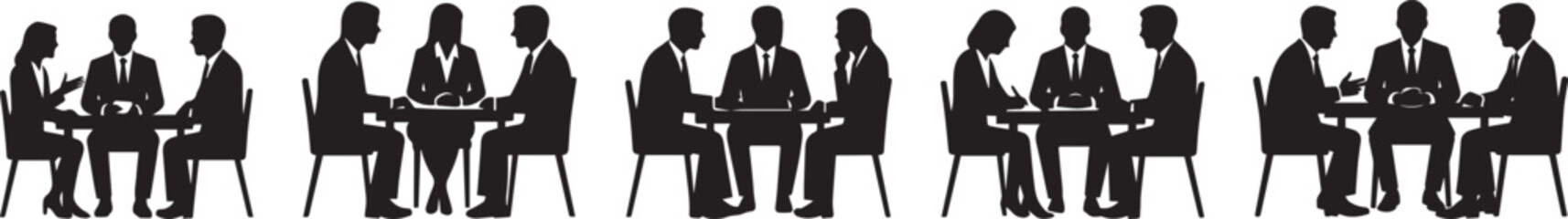 Silhouettes of Business Professionals in Meeting Scenarios at Table , Set of Interactions