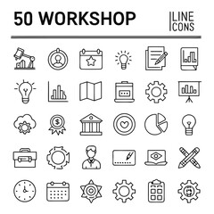 Fifty black and white workshop line icons depict various business and creative concepts on a transparent background