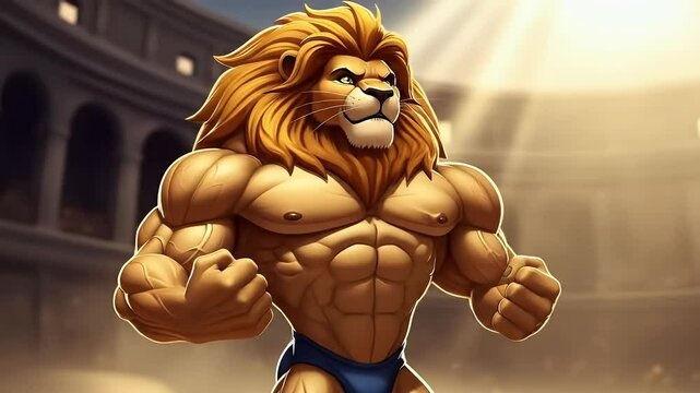 Cartoon lion bodybuilder posing powerfully in heroic arena, perfect for animated sports content