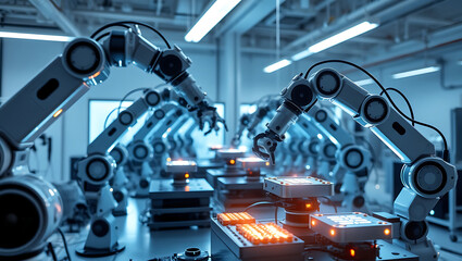 Automated Robotic Arms on a Production Line in a Smart Factory, Symbolizing Industry 4.0, Advanced Manufacturing, and Industrial Automation