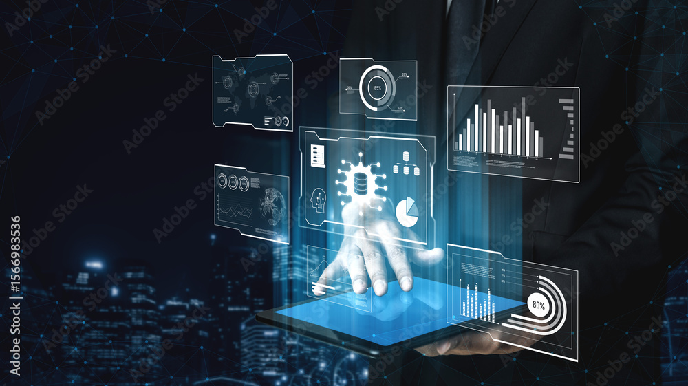 Poster big data visualization dashboard showing analytics, insights, and performance. data supports decisio