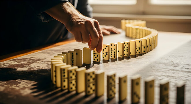 Dominoes arranged in a curved sequence