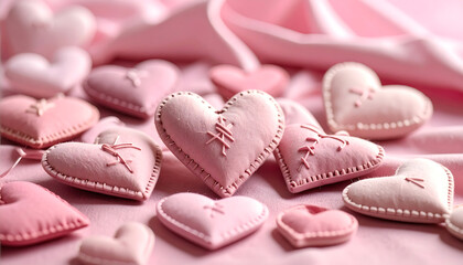 Obraz premium Cute stitched hearts over soft fabric texture in pink tones create charming and cozy atmosphere, perfect for expressing love and affection