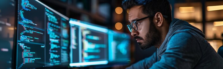 Fototapeta premium Focused Programmer Working Late Software Development & Coding