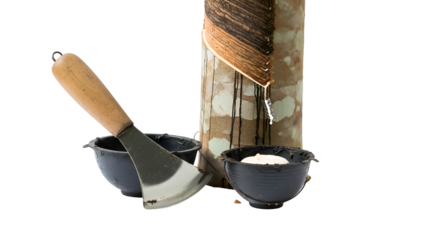 Rubber Tapping Shows Latex Dripping from Tree into Pots with Tapping Knife