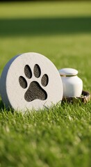 Naklejka premium Pet memorial stone with paw print and urn on green grass for a pet funeral ceremony or remembrance service