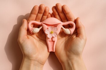 Celebrating Female Wellness: A pair of hands cradle a delicate model of the female reproductive system, adorned with a single blossom, symbolizing health, fertility, and care