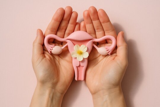 Uterus Model in Hands: A gentle image featuring a detailed anatomical model of a female uterus cradled in two hands, adorned with a delicate flower. The image conveys care, well-being.
