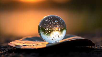 Water droplets on glass sphere resting on leaf at sunset time