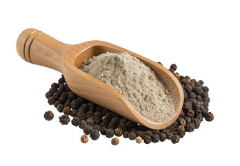 Wooden scoop filled with white pepper powder and whole black peppercorns on white background