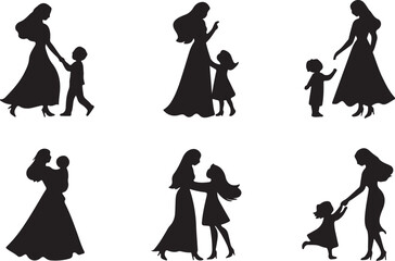 Mother child silhouettes embracing walking dancing daughter family