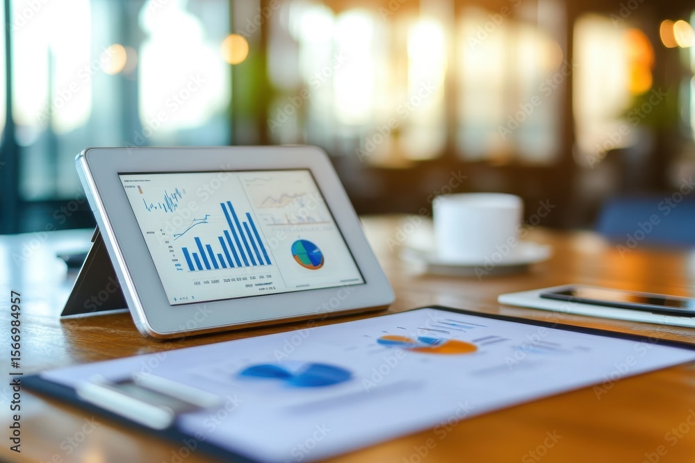 Poster graphics tablet displaying data visualizations on a wooden table in a modern workspace, a graphics t