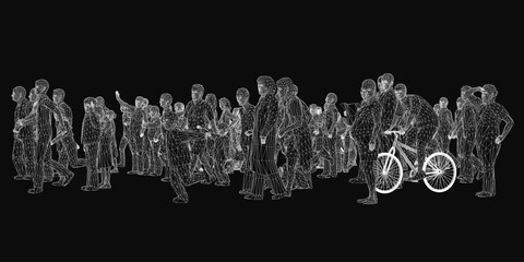 A 3D wireframe crowd stands in a line with one person holding a bicycle against a dark mysterious background. The geometric figures create an abstract futuristic silhouette. © German Ovchinnikov